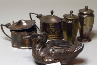 Birmingham silver pin cushion in the form of a duck (filled), at fault, together with four various