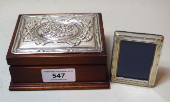 Rectangular silver mounted jewellery casket, together with a small rectangular silver photograph
