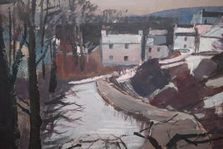 Attributed to Donald McIntyre, oil on board dwellings in a winter landscape, bearing inscription