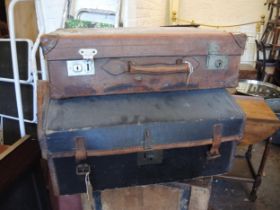 Leather suitcase, together with a small rexine covered dome top trunk