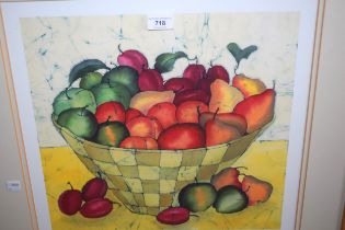 Jane Hickman, signed colour print, bowl of fruit, 40 x 42cm, mixed media study of buildings beside a