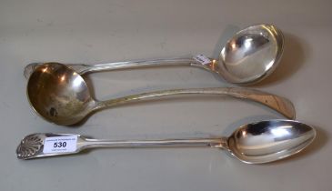 Plated Fiddle, Thread and Shell pattern basting spoon, together with two plated ladles
