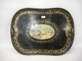 19th Century toleware tray with central panel painted, with a winter landscape and gilded borders