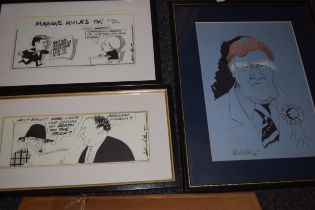Group of six framed political cartoons featuring Sir Bernard Ingham, Margaret Thatcher and others,