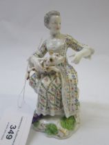 Small late Meissen figure of a seated lady with cat, 13cm high Damages and restoration as shown in