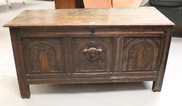 Antique oak coffer with panelled front, 116cm wide x 50cm deep x 69cm high