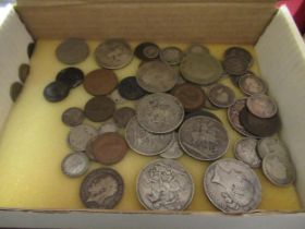 Group of seven 19th Century silver crowns, worn, quantity of silver shillings including George