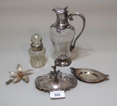 Silver ring tree, silver mounted cut glass smelling salts bottle, Continental glass jug with