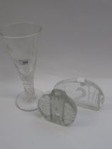 Large floral etched drinking glass with spiral stem, inscribed ' Fiat ', together with two modern
