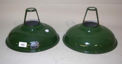 Pair of green enamel ' Coolicon ' hanging lamps, 28cm diameter