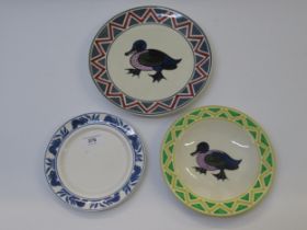 Ashtead potters group of three plates, two with duck decoration and one with rabbit Crazing all over