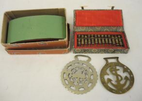 Mid 20th Century Chinese miniature brass abacus in a fabric covered case, together with a leather