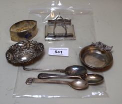 Two silver trinket dishes, three silver coffee spoons, napkin ring, silver (weighted) paper clip