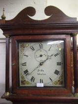 19th Century oak and mahogany longcase clock, the square painted dial with Roman numerals and