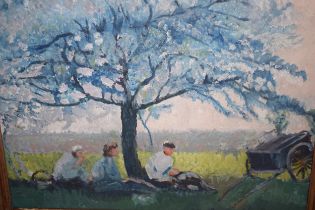 Modern British School, oil on board, landscape with figures resting under a tree, 37 x 47cm