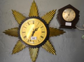 20th Century sunburst wall clock and an Art Deco bakelite electric clock