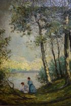 Oil on canvas, figures before a lake in woodland, indistinctly signed, gilt framed, 29 x 24cm