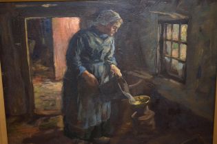 John Patrick Downie, oil on panel, woman filling a milk churn in a cottage interior, signed, 23 x