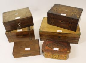 19th Century rosewood and brassbound fold-over writing box, together with five other various antique