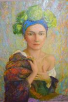 Natalia Sultanov, oil on canvas, portrait of a girl wearing a floral headdress, signed Sultanov