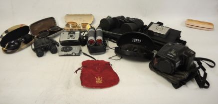 Pair of Bresser binoculars, various modern cameras and four pairs of fashion sunglasses