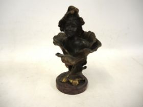 Georges van der Straeten, small dark patinated bronze bust of a girl on a marble plinth, signed in