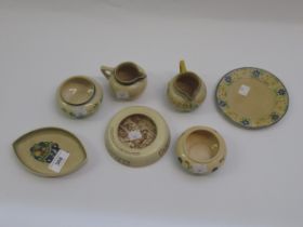 Ashtead potters group of seven pieces of oatmeal decorated items Small hairline to plate and jug.