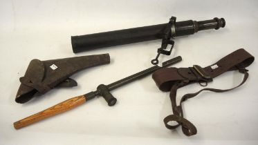 World War I trench periscope with oak handle, leather holster with belt and a two section Ross,