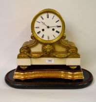 Good quality French ormulo and white marble mantel clock, having circular white enamel dial with