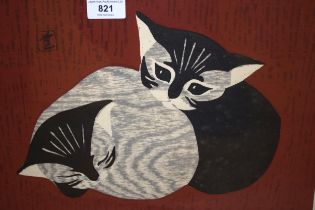 Kawano Kaoru, woodblock print, study of two kittens, inscribed within the plate, 26 x 37cm