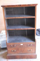 Small mahogany open bookcase having two shelves above two long drawers with brass swan neck