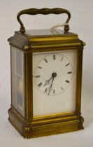 19th Century French gilt brass carriage clock, the gorge case enclosing an enamel dial with Roman