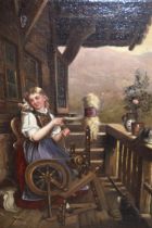 Late 19th Century Continental oil on canvas, girl with a spinning wheel on a Tyrolean chalet