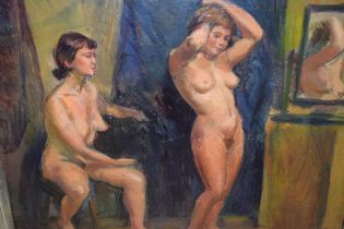 Reginald D.H. Reeve, oil on board, study of two nude females, signed Reeve, in a painted frame, 39 x