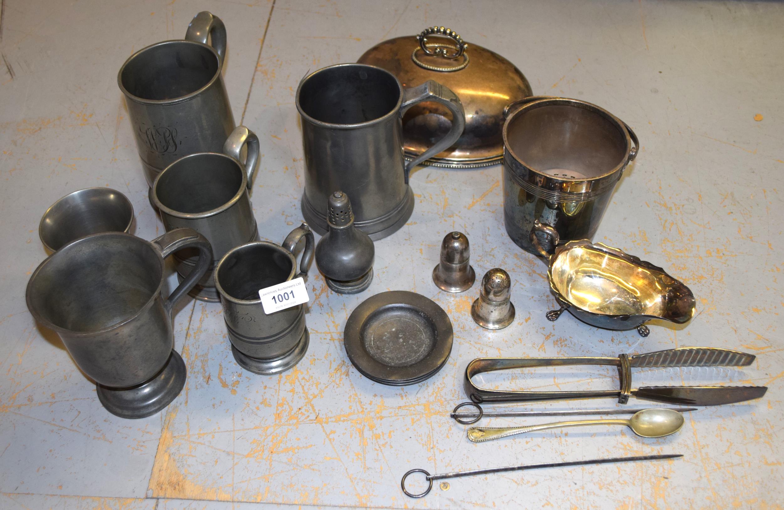 Five various antique pewter measures, three miniature antique pewter plates, spice pot and beaker,