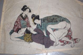 Group of three 19th Century Japanese woodblock prints, erotic subjects, each 20 x 30cm