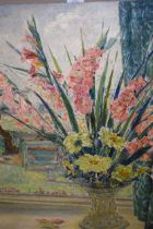 Josephine Ghilchik, oil on canvas, still life of gladioli and other flowers in a vase before a