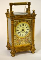 Late 19th Century gilt brass cased carriage clock, the champleve enamel dial with plain enamel