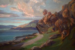 William Guthrie, signed oil on panel, view along a coastal landscape at sundown, 27 x 34cm