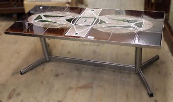 Mid 20th Century tile inset rectangular coffee table on a steel base, 106 x 46cm