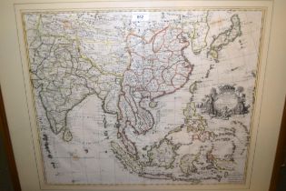 Antique hand coloured map of India and China from the latest observations by I. Senex, 49 x 58cm,