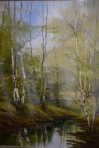 Pair of large modern oil paintings on canvas, woodland river scenes, unsigned, 76 x 61cm, in