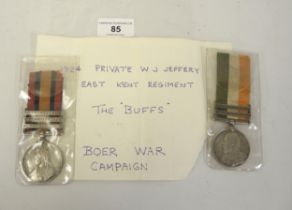 Boer War two medal group to 1924 Private W.J. Jeffery, East Kent regiment, comprising a Queen's