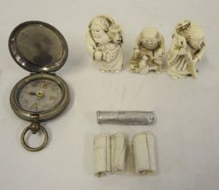 World War I brass military issue compass, together with a carrier pigeon message case and three