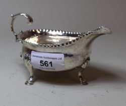 Small George III silver sauce boat with scroll handle and three hoof supports, 3oz t