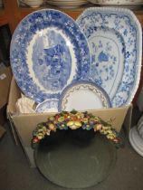 Two 19th Century oval blue and white transfer printed meat plates, a quantity of other blue and
