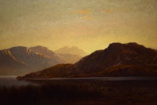 Arthur Gilbert, signed oil on canvas, view across a loch at sunset, inscribed verso ' Gold, Loch