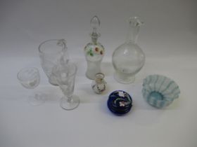 Venetian lattice work glass bowl in blue and white, together with four antique glass items and three