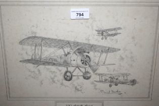 David Hawker, pencil sketch of World War I Sopwith Camel bi-plane, four framed coloured prints of