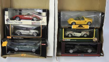 Two boxes of 1/18th scale diecast model cars by Corgi, Maitsio Chrono etc.